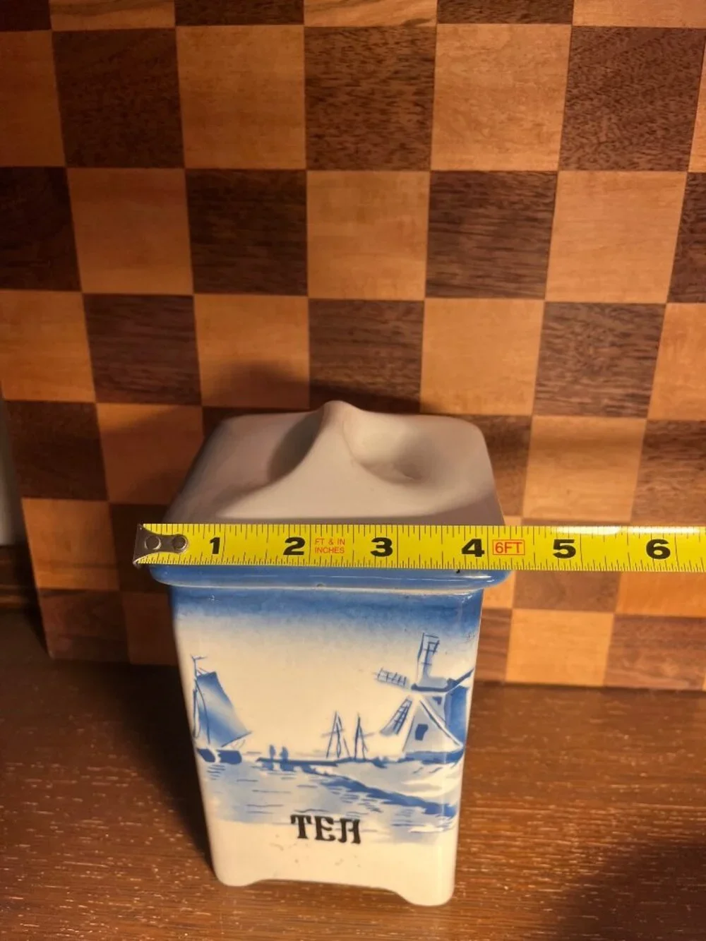 Blue and White Tea Canister Windmill Ship Czechoslovakia A783, small chips crack